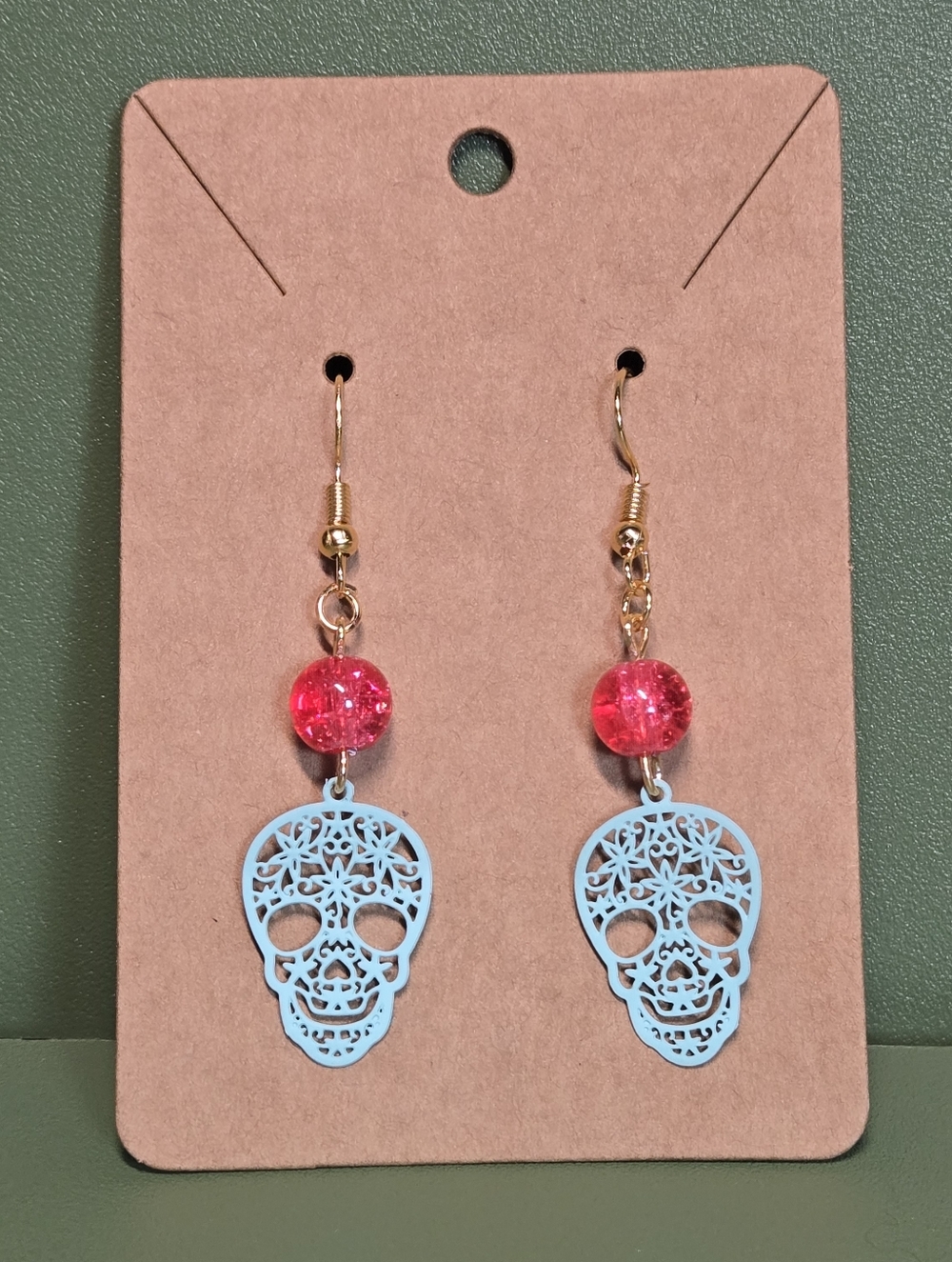 Turquoise Sugar Skull Earrings Pink Crackle Bead Boho Day of the Dead